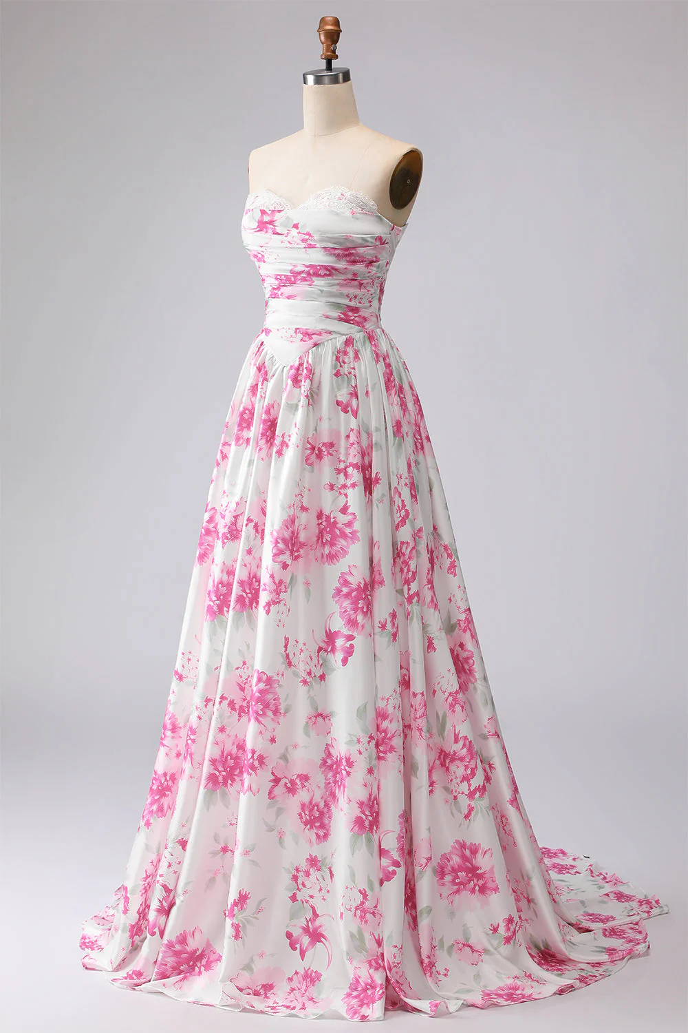 Robe de bal plissée à bretelles plissées en forme de bal en fleurs fuchsia blanches - Image 3