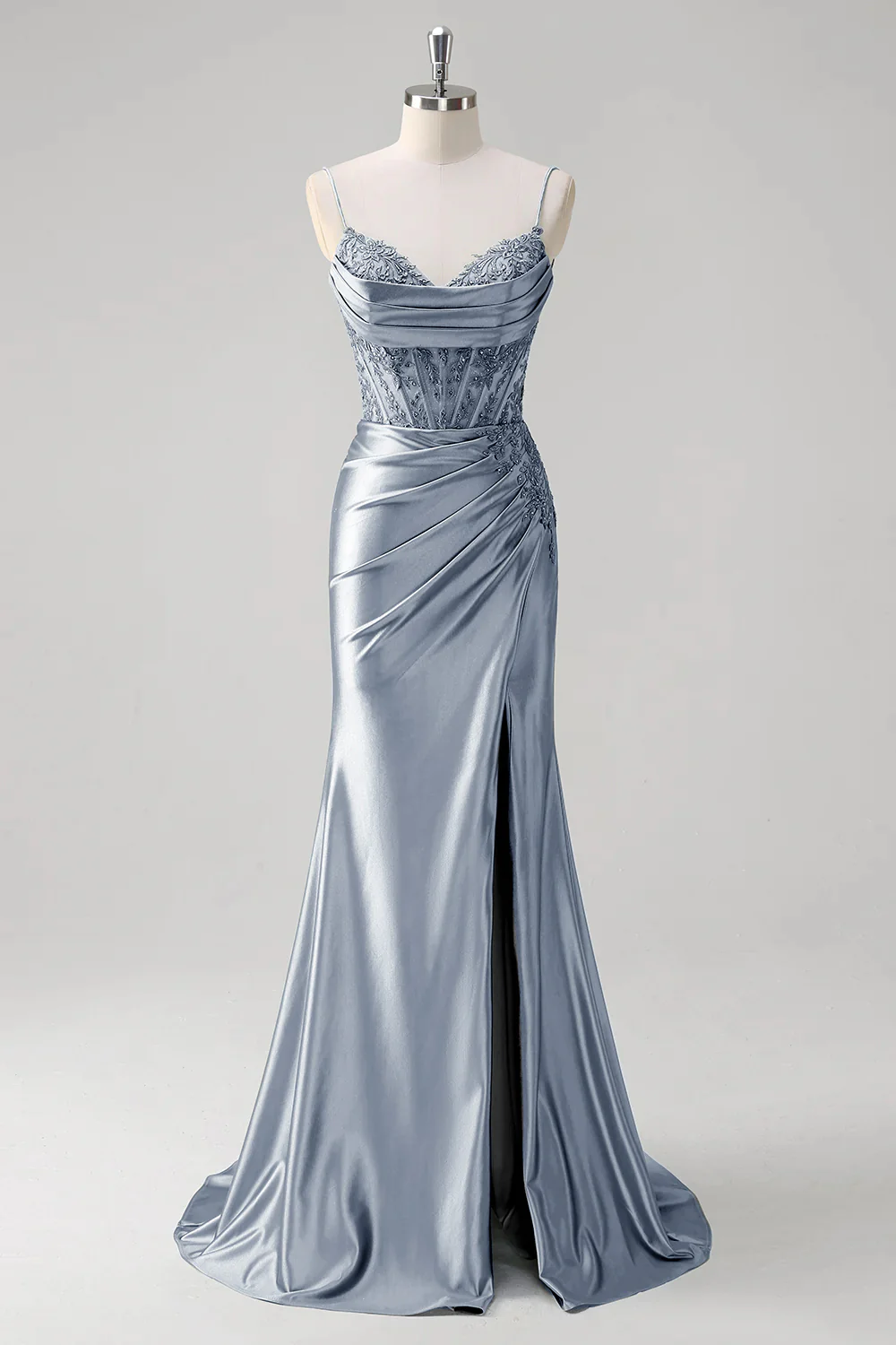 Robe de soirée sirène verte à bretelles spaghetti et corset plissé - Image 14