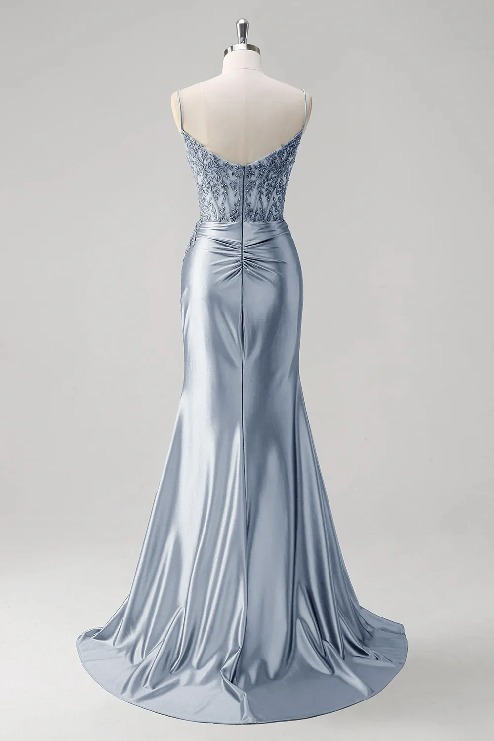 Robe de soirée sirène verte à bretelles spaghetti et corset plissé - Image 15