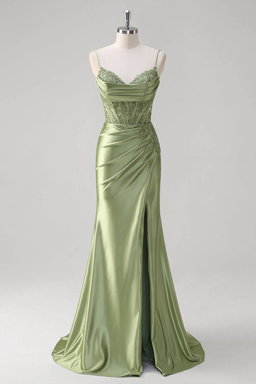 Robe De Soirée plissée à bretelles spaghetti corset vert sirène - Image 3