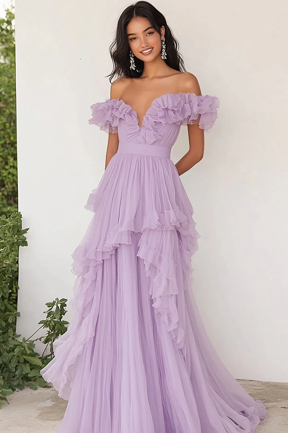 Robe de Soirée plissée à volants lilas à épaules dénudées