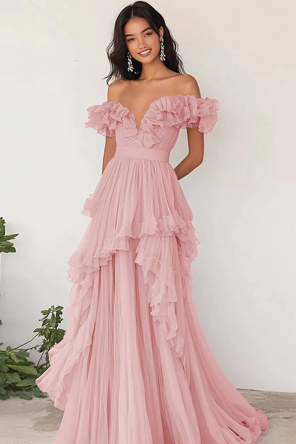 Robe de Soirée plissée à volants lilas à épaules dénudées - Image 7