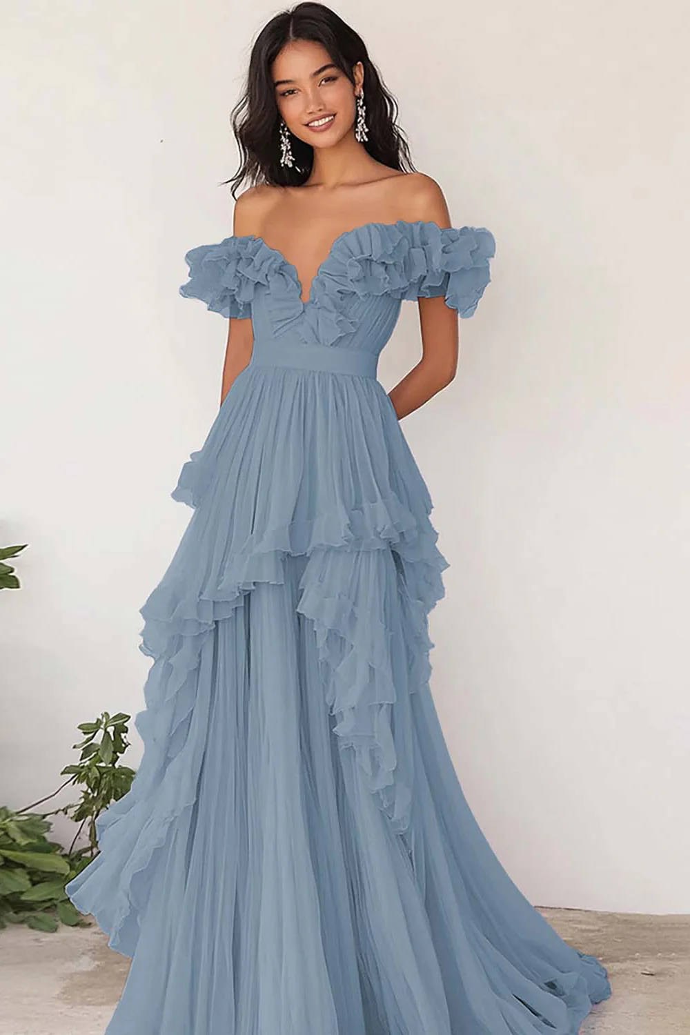Robe de Soirée plissée à volants lilas à épaules dénudées - Image 9