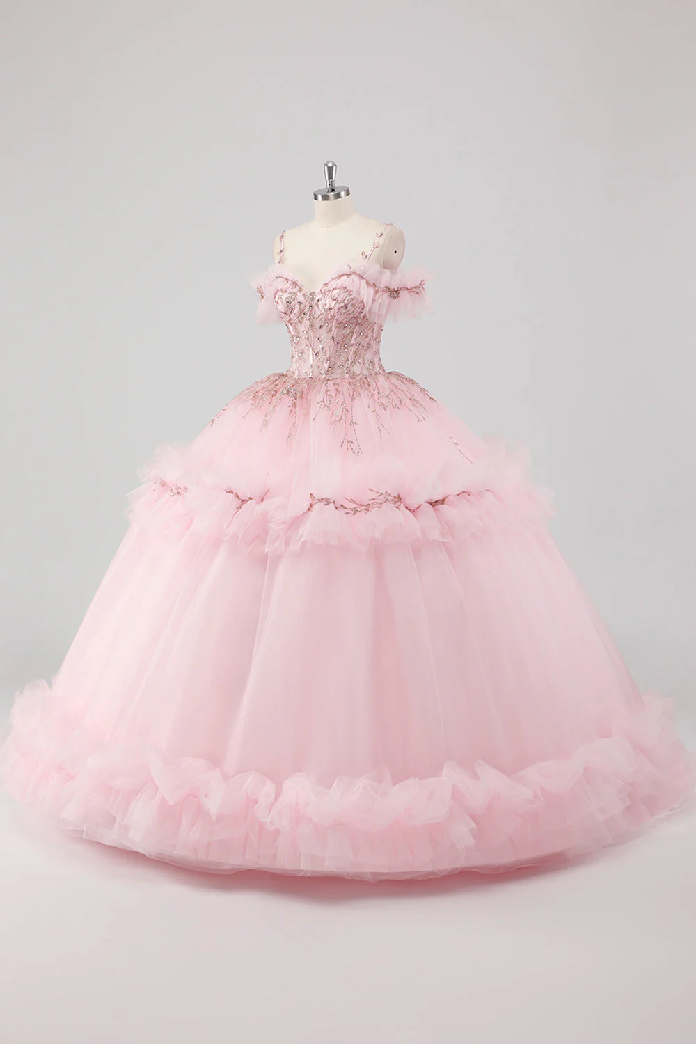 Robe de bal princesse blush épaules dénudées à volants Tulle Quinceanera Robe avec broderie à paillettes - Image 3