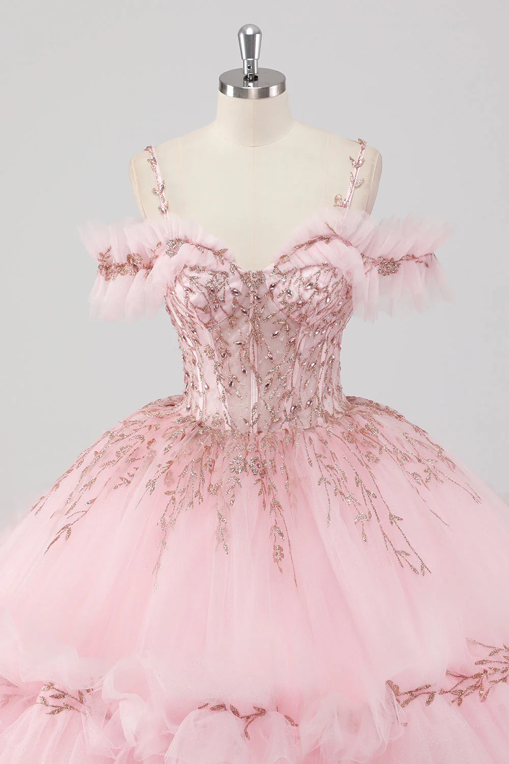 Robe de bal princesse blush épaules dénudées à volants Tulle Quinceanera Robe avec broderie à paillettes - Image 4