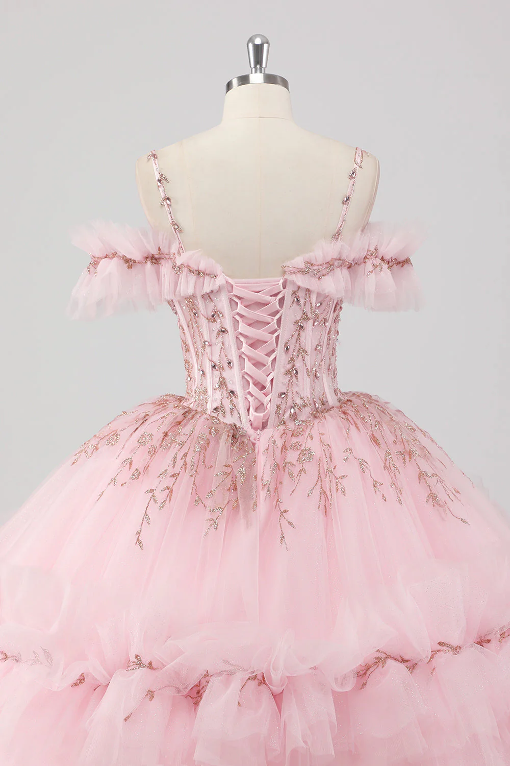 Robe de bal princesse blush épaules dénudées à volants Tulle Quinceanera Robe avec broderie à paillettes - Image 5