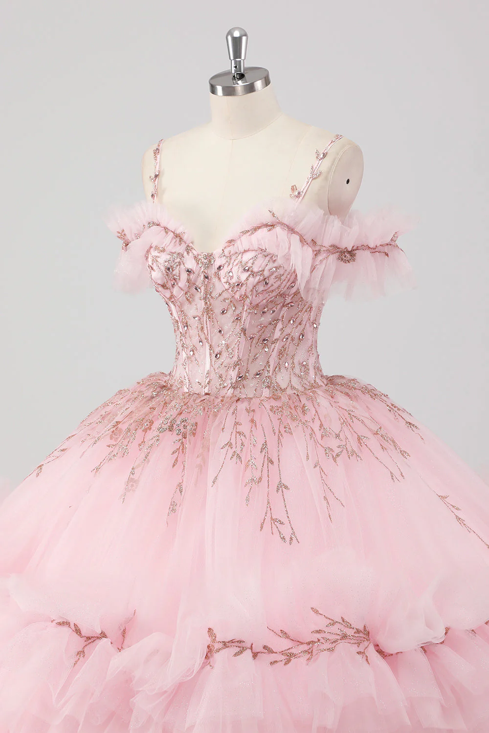 Robe de bal princesse blush épaules dénudées à volants Tulle Quinceanera Robe avec broderie à paillettes - Image 6