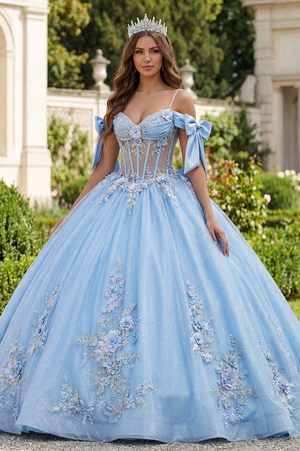 Robe de bal Quinceañera à corset bleu à épaules froides appliquées