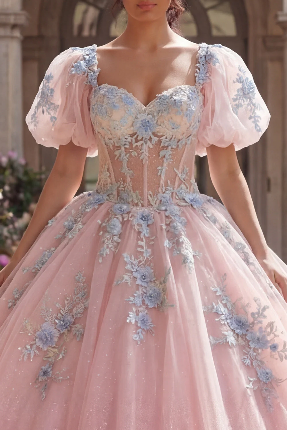 Robe de bal Quinceañera à corset rose appliquée avec manches bouffantes - Image 3