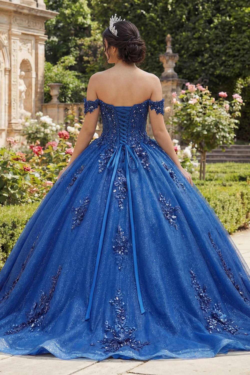 Robe de bal Quinceañera bleu royal épaule dénudée et appliquée - Image 2