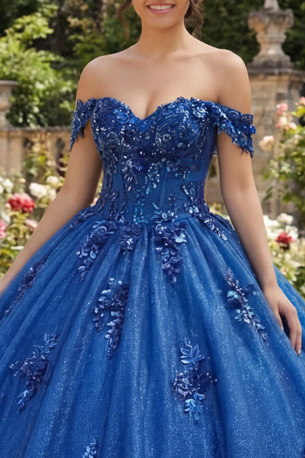 Robe de bal Quinceañera bleu royal épaule dénudée et appliquée - Image 3