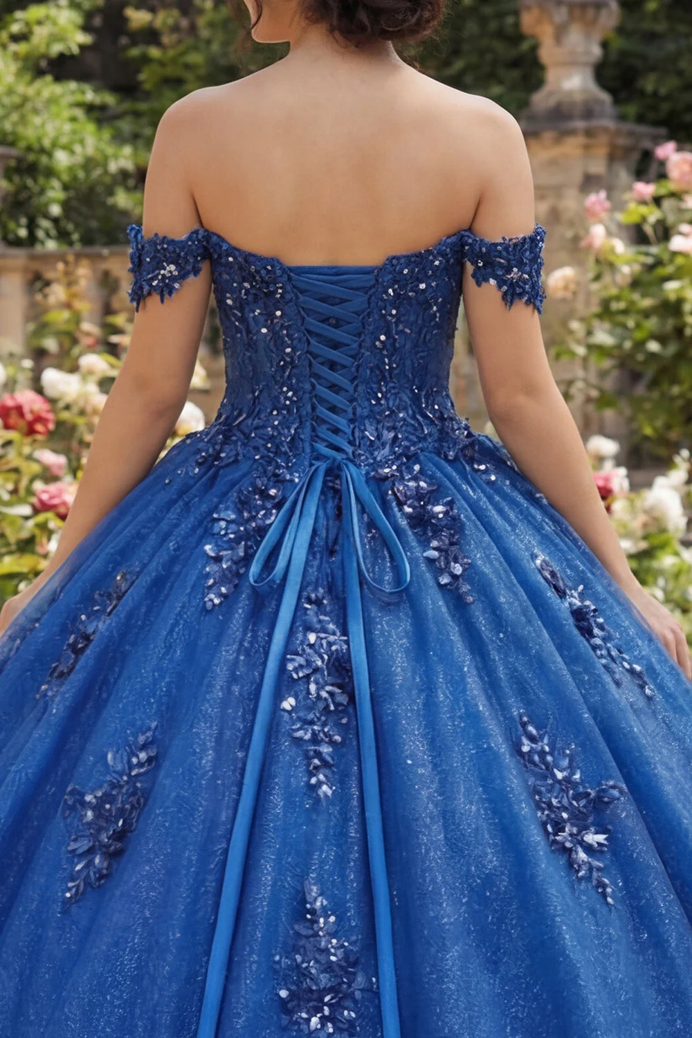 Robe de bal Quinceañera bleu royal épaule dénudée et appliquée - Image 4