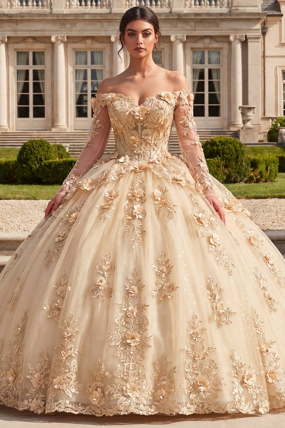 Robe de bal Quinceañera corset champagne à épaules dénudées avec fleurs 3D