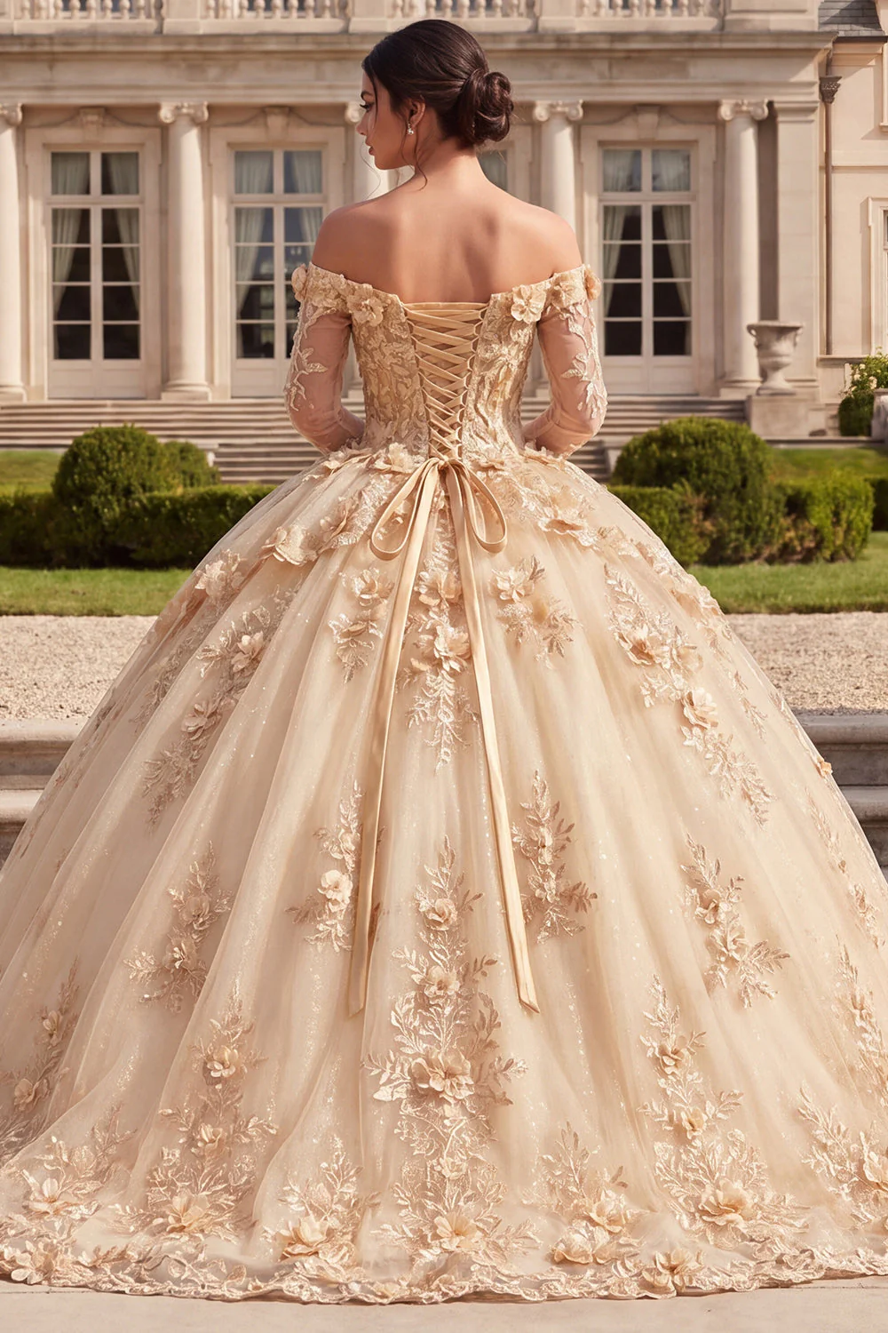 Robe de bal Quinceañera corset champagne à épaules dénudées avec fleurs 3D - Image 2