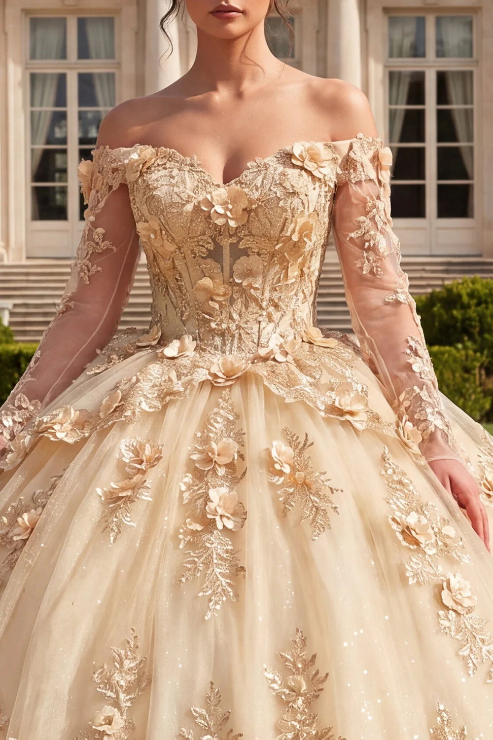 Robe de bal Quinceañera corset champagne à épaules dénudées avec fleurs 3D - Image 3