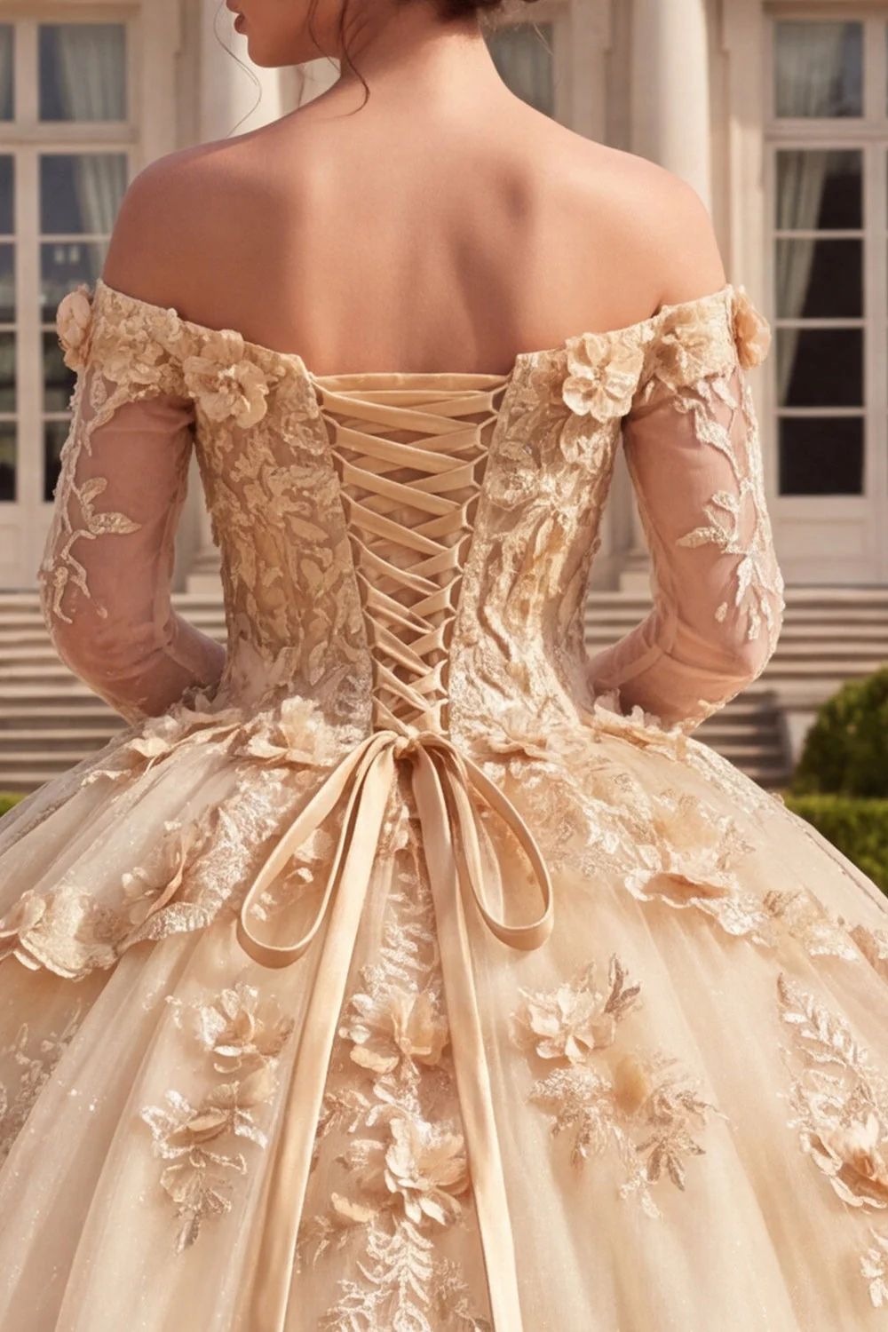 Robe de bal Quinceañera corset champagne à épaules dénudées avec fleurs 3D - Image 4