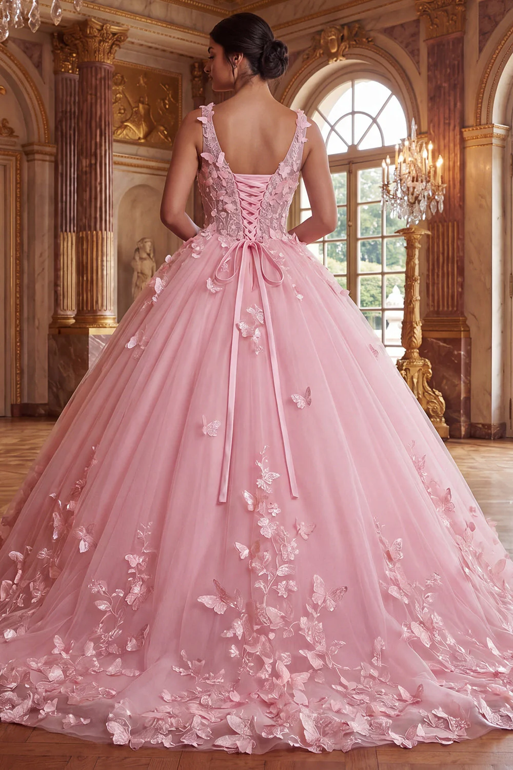 Robe de bal rose à col en V avec appliques, robe quinceañera - Image 2
