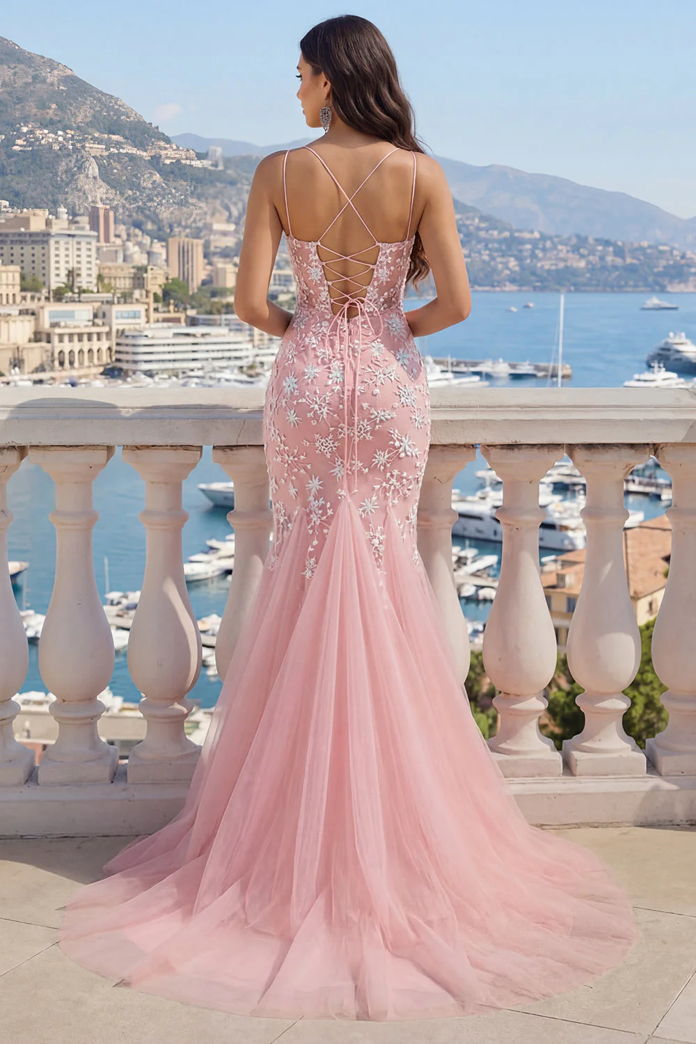 Robe de bal rose à col en V en tulle appliqué à la sirène - Image 2