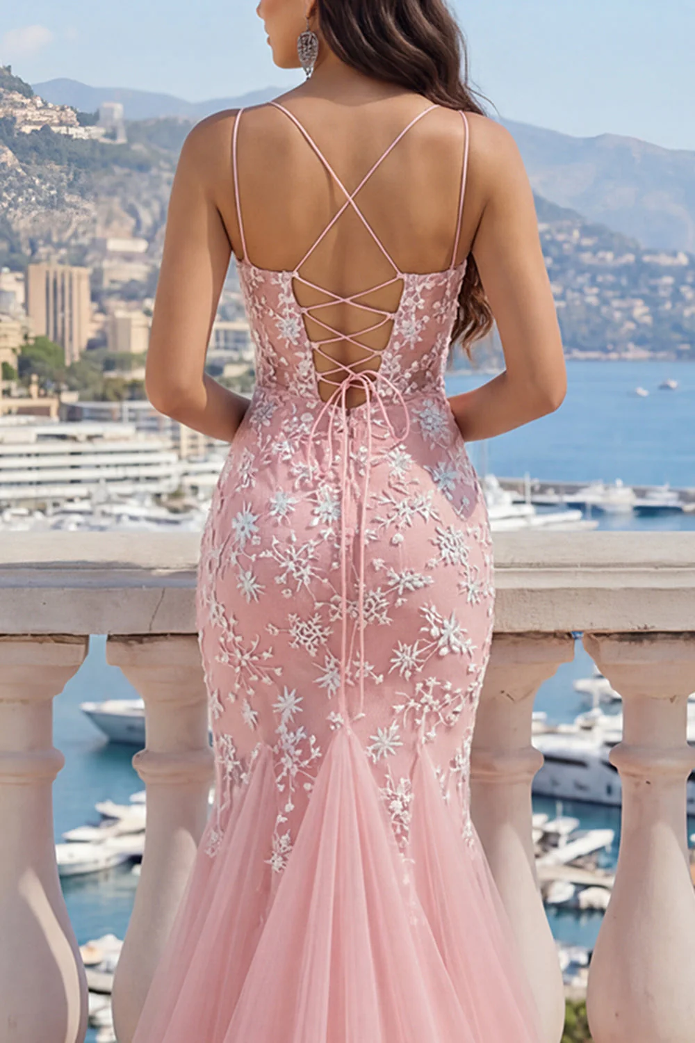 Robe de bal rose à col en V en tulle appliqué à la sirène - Image 4