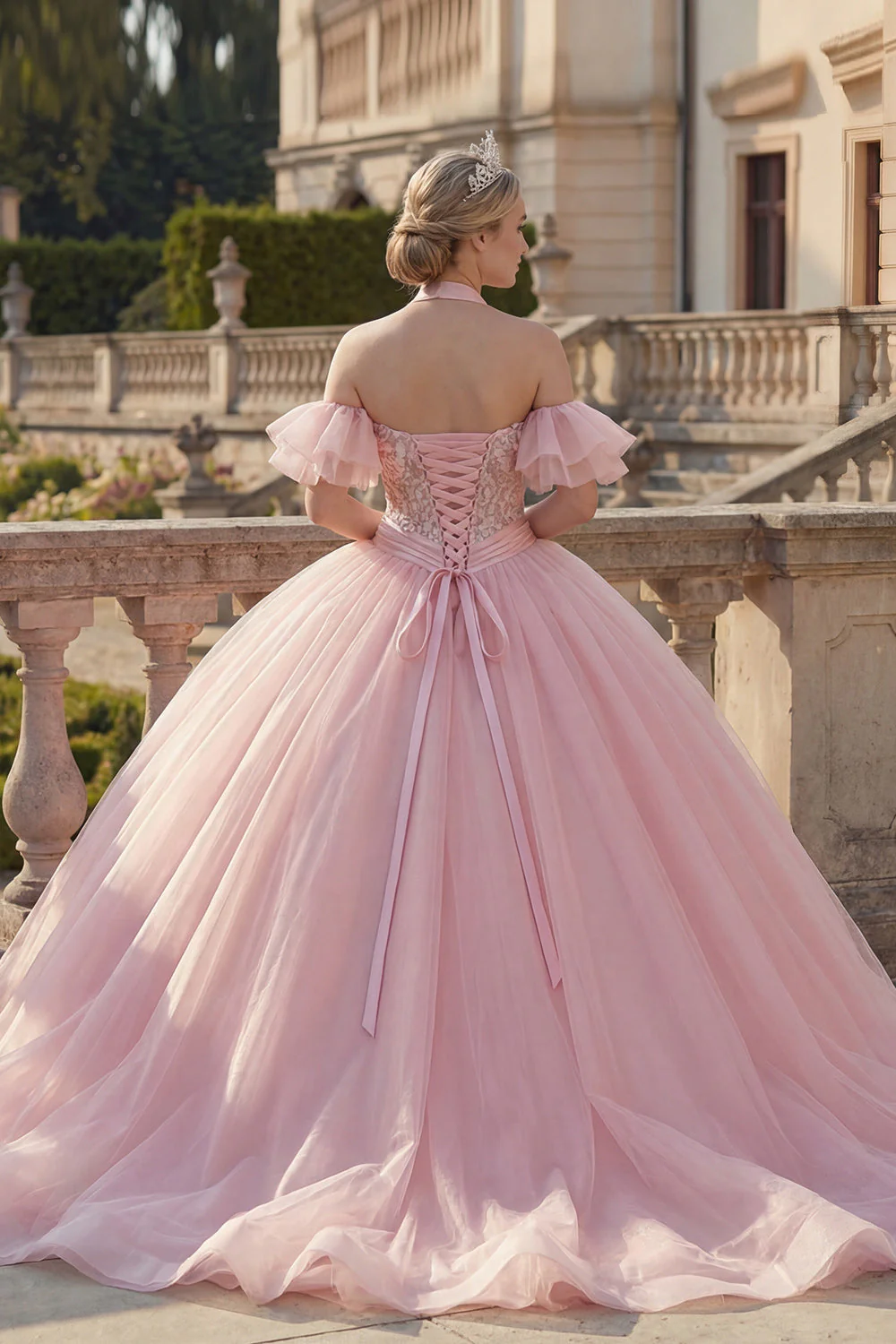 Robe de bal rose à col nu-nu, robe de quinceañera appliquée avec manches flottantes - Image 2