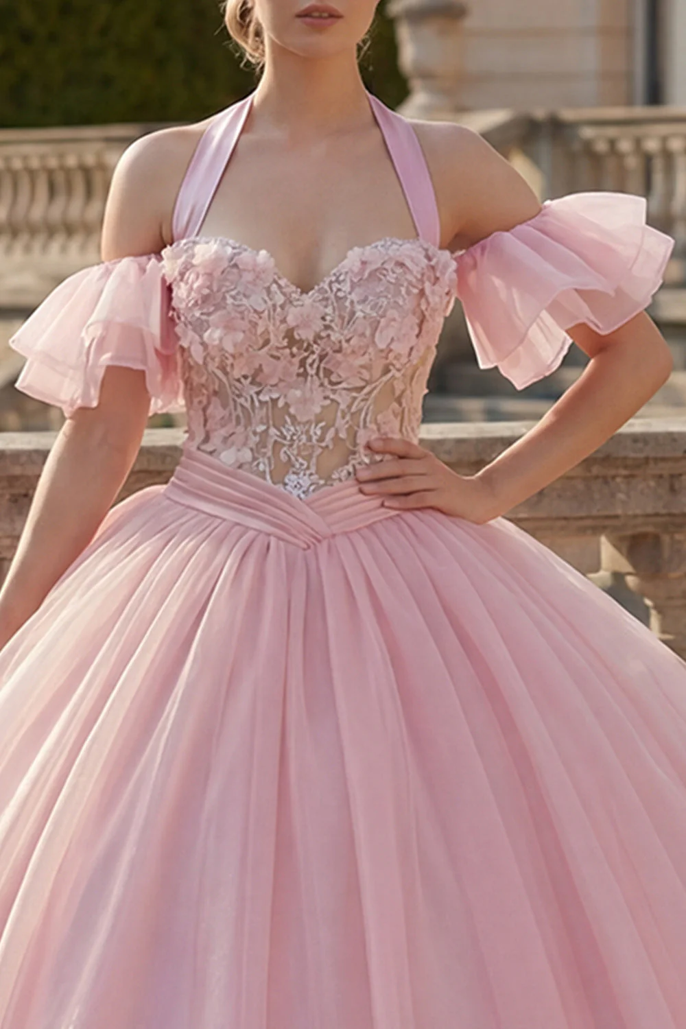 Robe de bal rose à col nu-nu, robe de quinceañera appliquée avec manches flottantes - Image 3