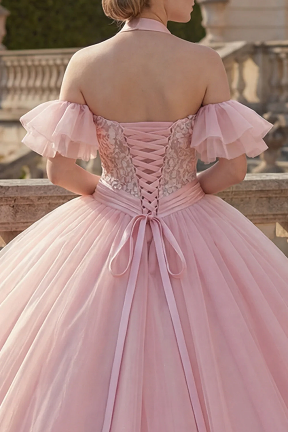 Robe de bal rose à col nu-nu, robe de quinceañera appliquée avec manches flottantes - Image 4