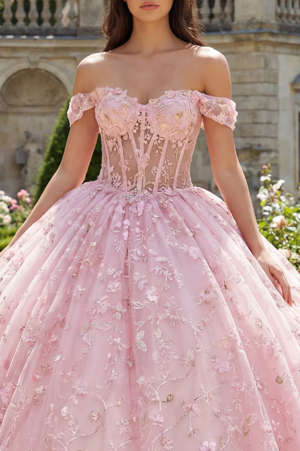 robe de bal rose à épaules décollées, robe de bal appliquée à l’épaule - Image 3