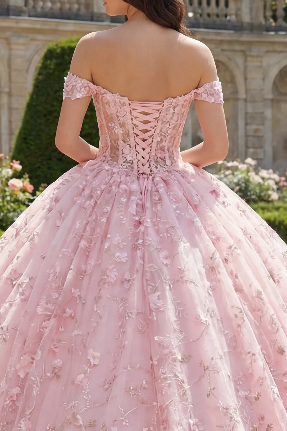 robe de bal rose à épaules décollées, robe de bal appliquée à l’épaule - Image 4