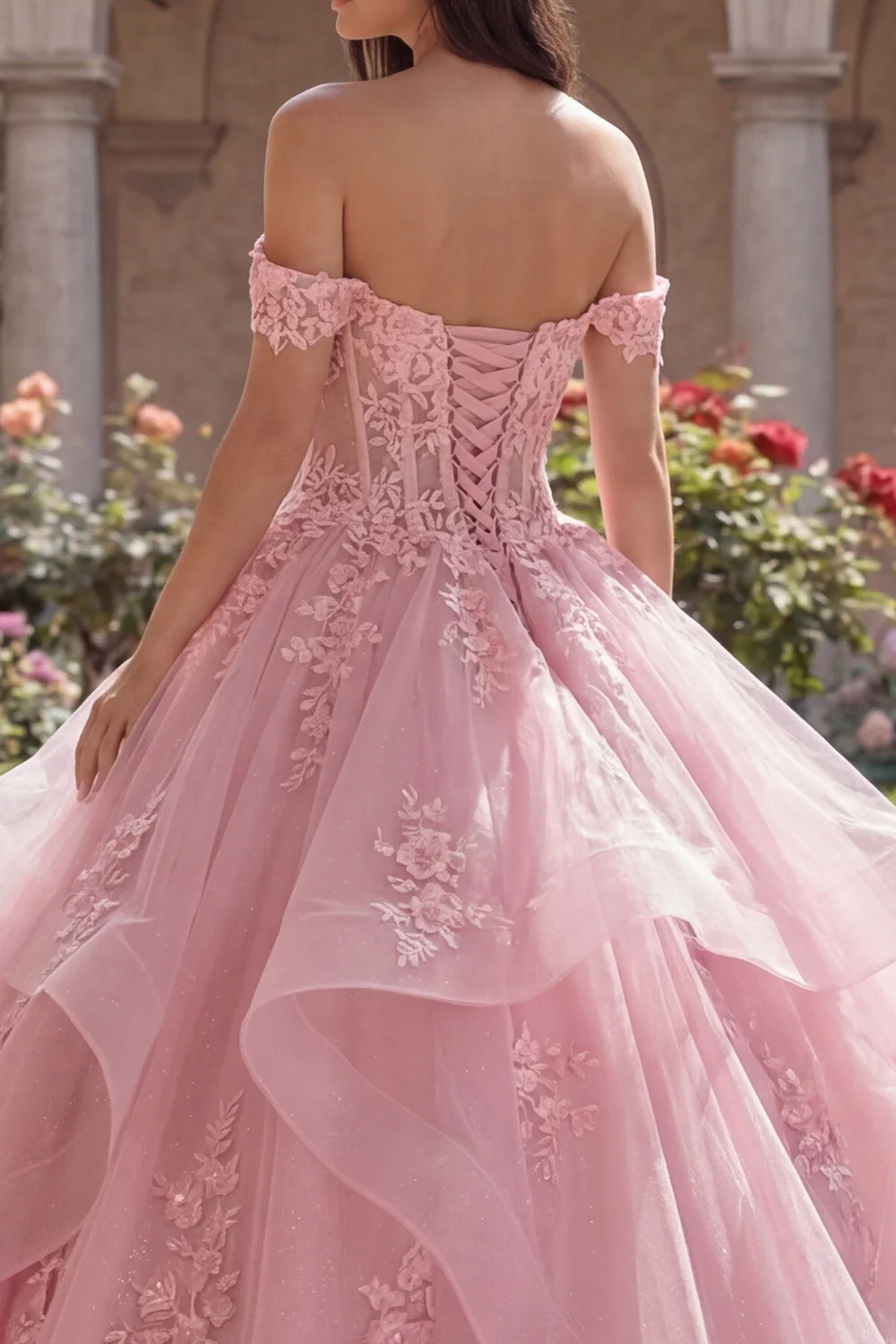 Robe de bal rose à épaules dénudées, robe de quinceañera à volants appliqué - Image 4