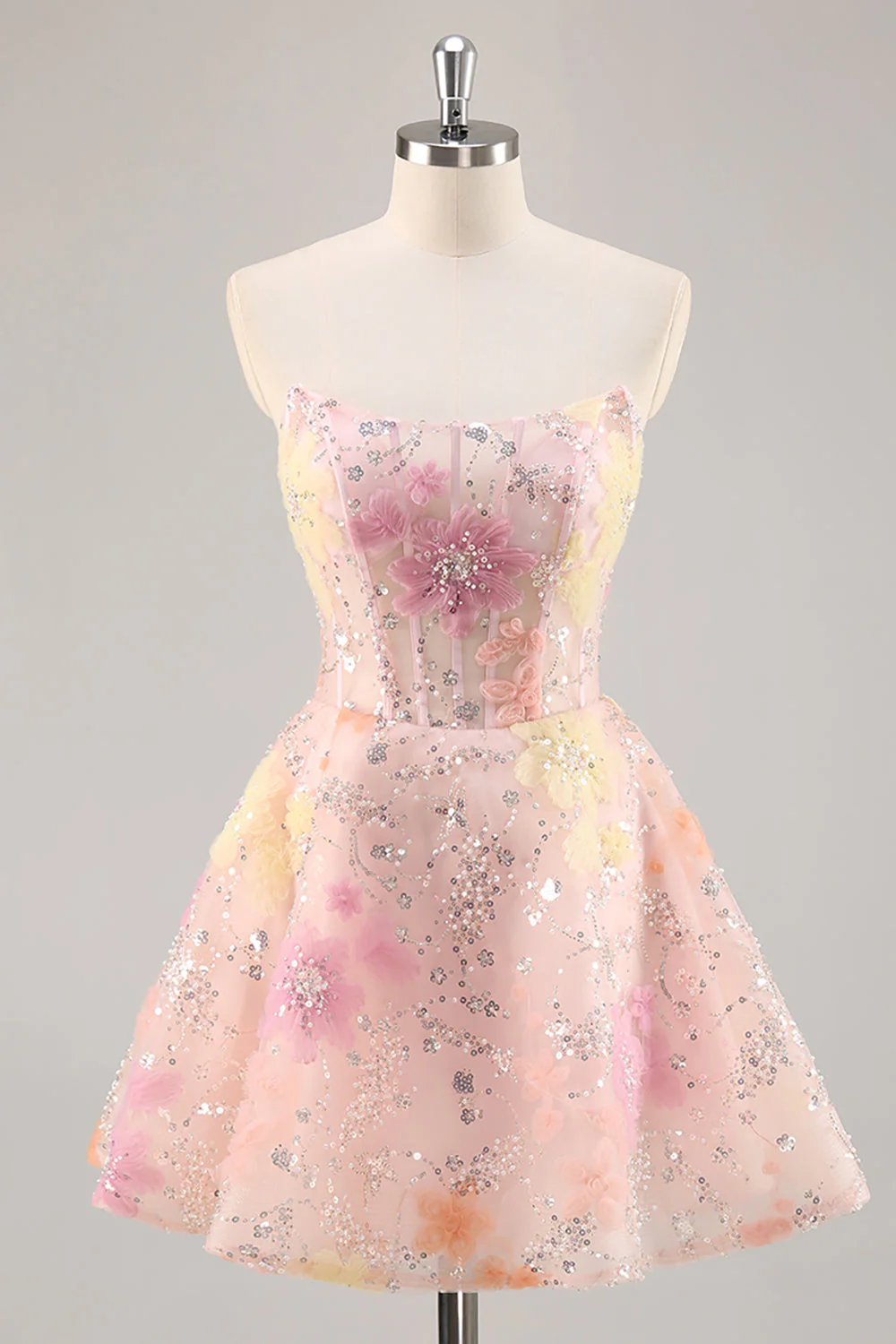 Robe de cocktail rose à paillettes scintillante corset sans bretelles avec appliques - Image 7