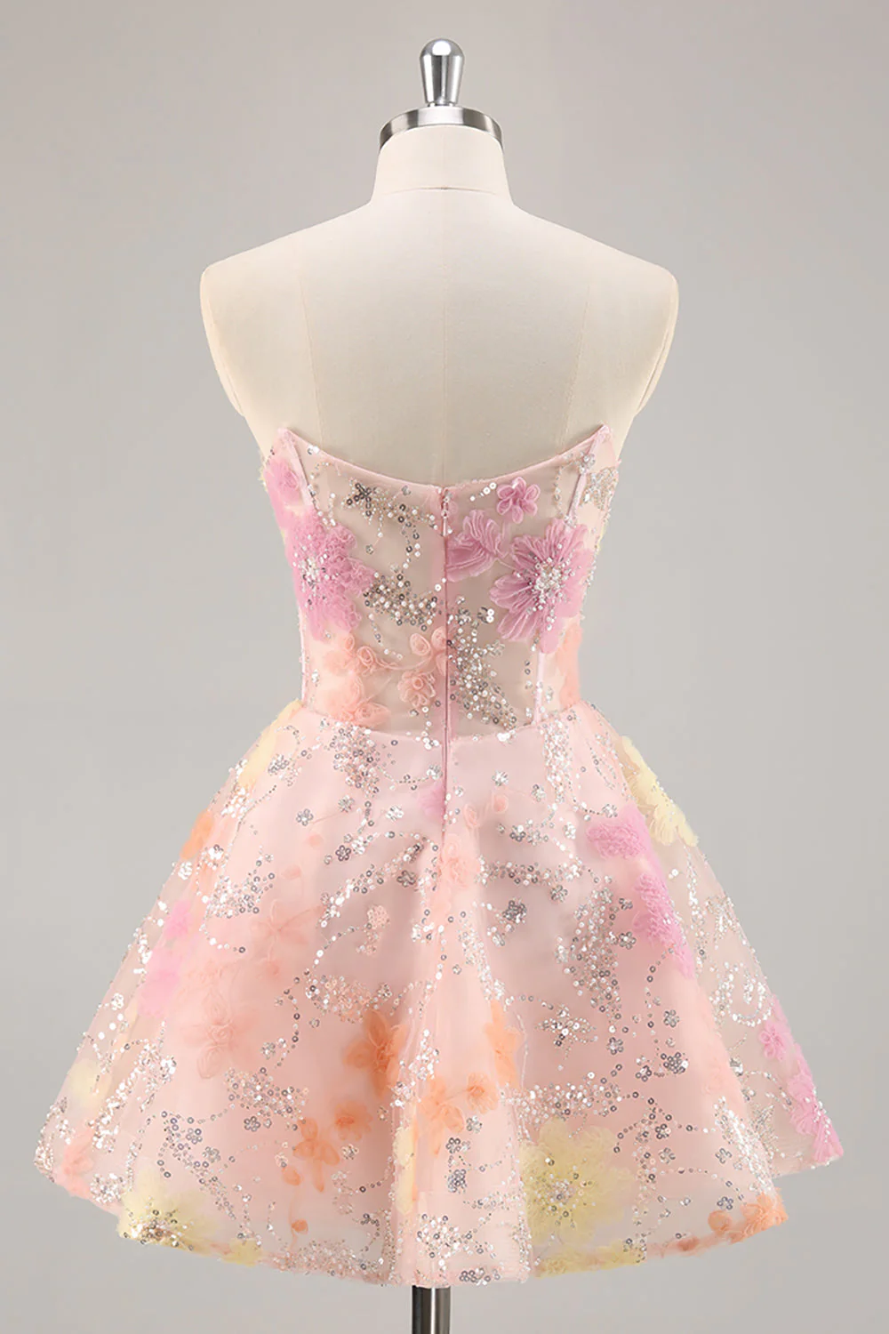 Robe de cocktail rose à paillettes scintillante corset sans bretelles avec appliques - Image 8