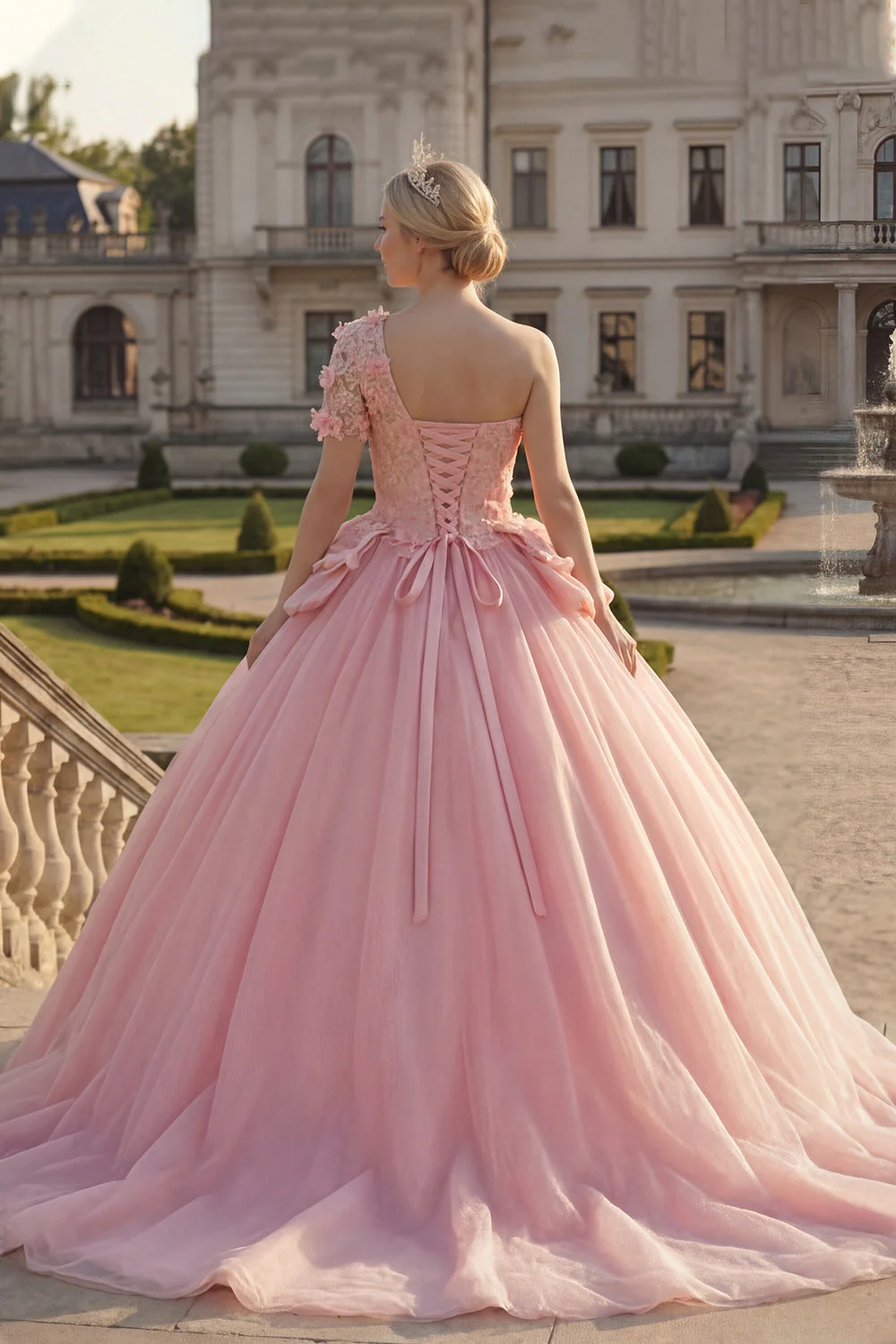 Robe de bal rose à une épaule appliquée robe de quinceañera - Image 2