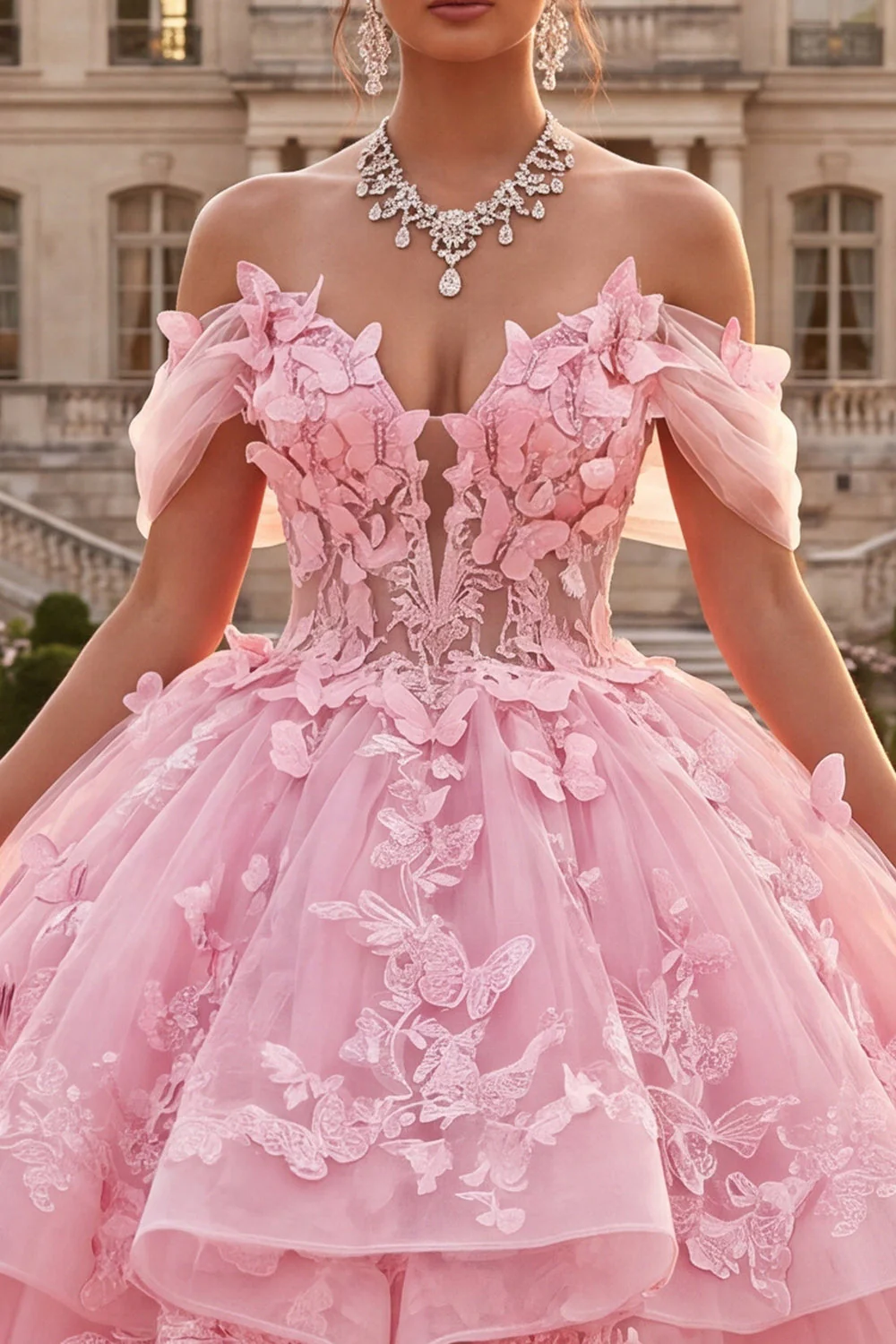 Robe de bal rose à volants dénudés et appliqueuse robe de quinceañera - Image 3