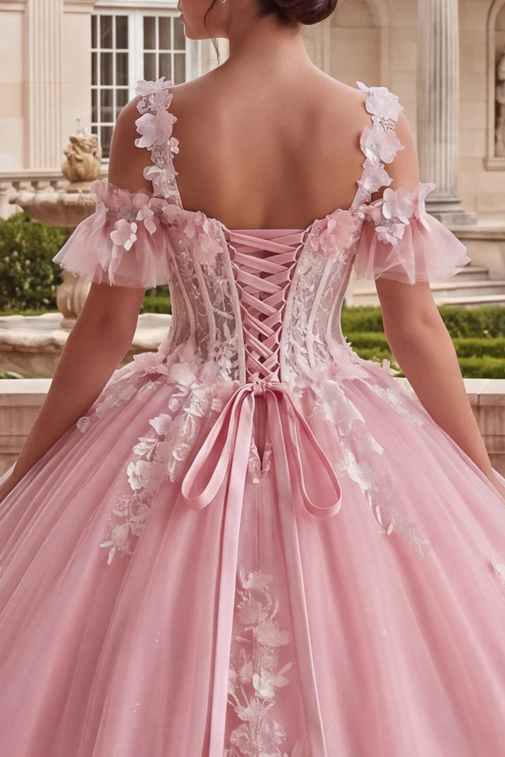 Robe de bal rose appliquée à épaules froides Quinceañera - Image 4