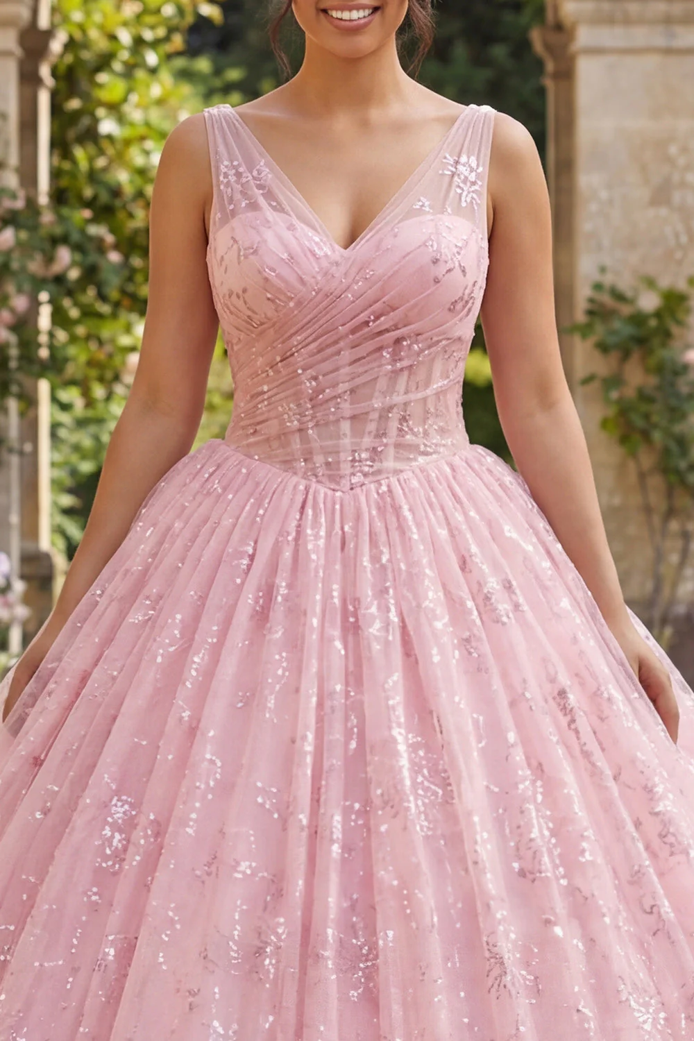 Robe de bal rose pailletée Corset à col V à col Quinceañera - Image 3