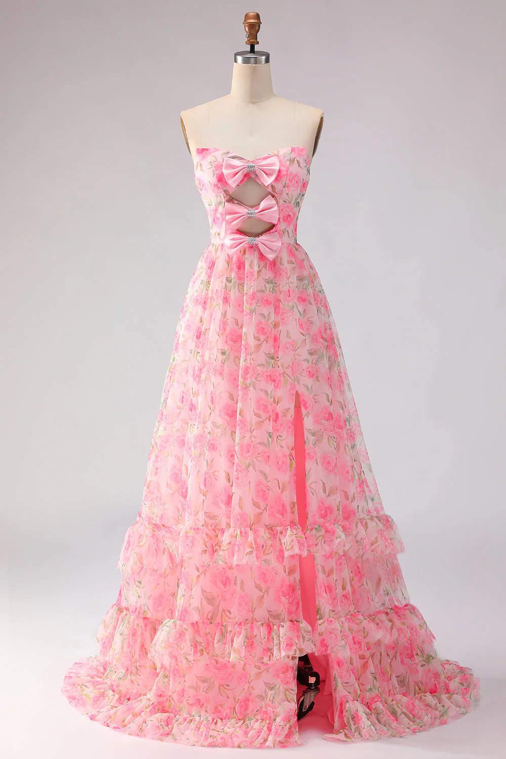 Robe de bal rose rose, sans bretelles florales, ligne en A, longue robe de promo avec fente
