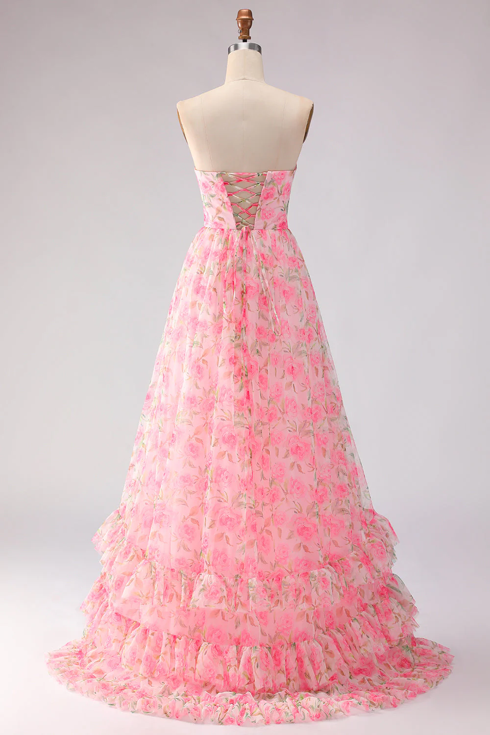 Robe de bal rose rose, sans bretelles florales, ligne en A, longue robe de promo avec fente - Image 2