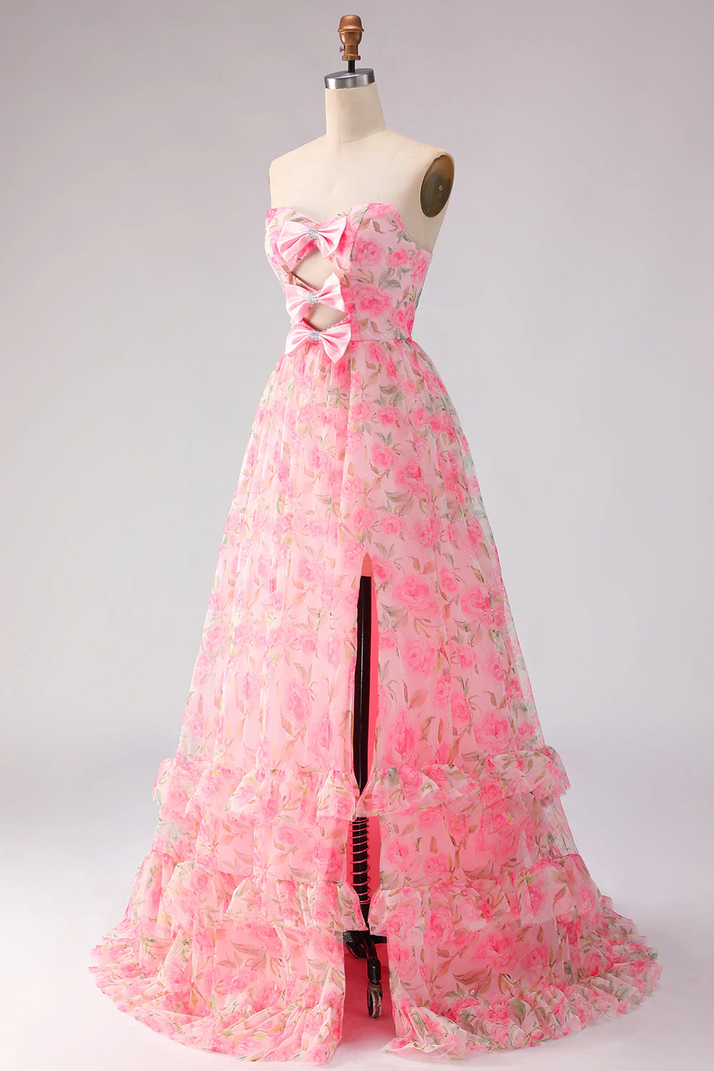 Robe de bal rose rose, sans bretelles florales, ligne en A, longue robe de promo avec fente - Image 3
