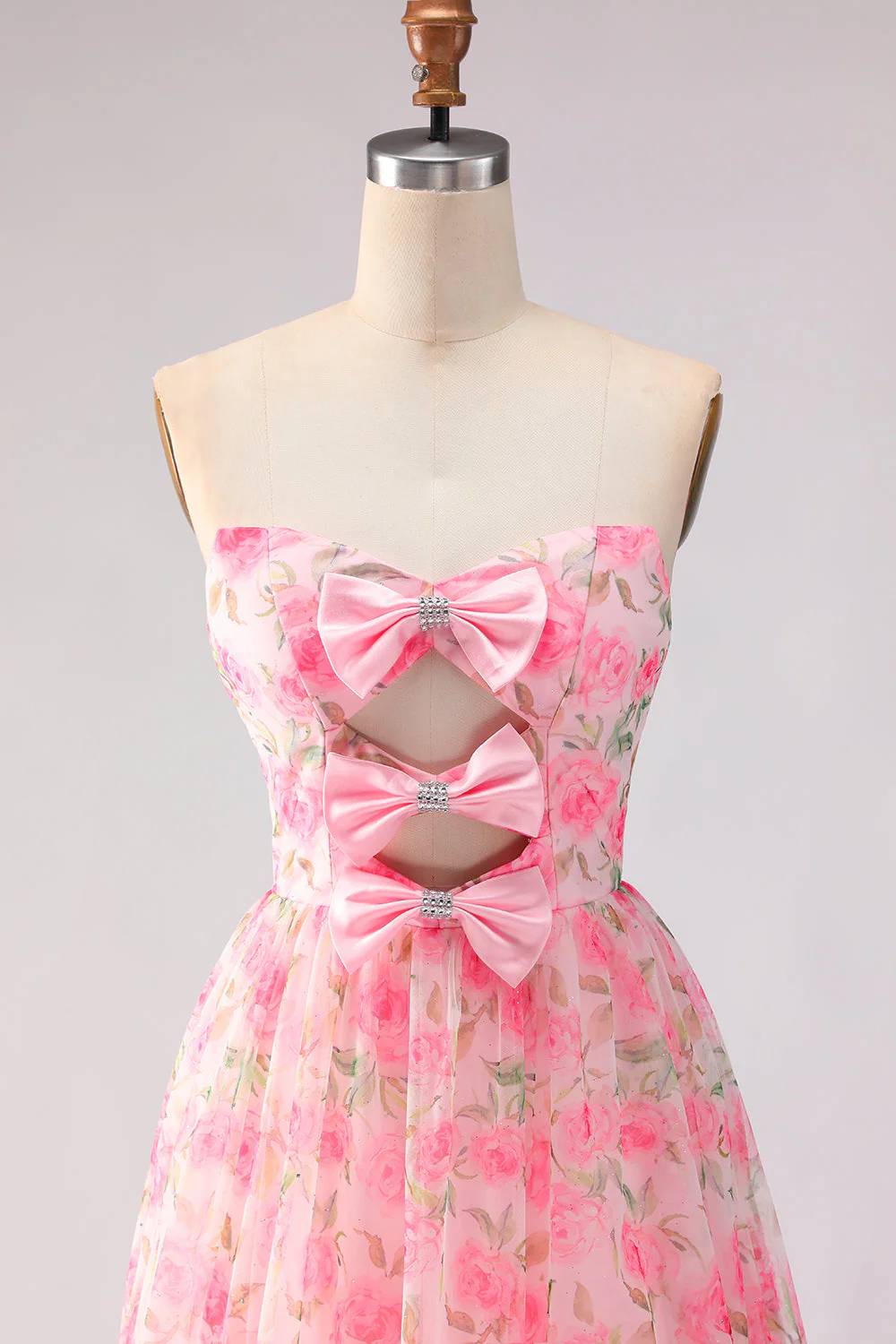 Robe de bal rose rose, sans bretelles florales, ligne en A, longue robe de promo avec fente - Image 4