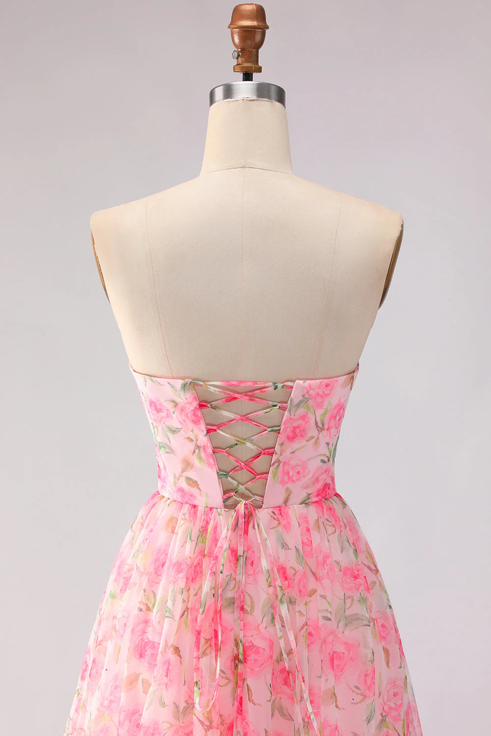 Robe de bal rose rose, sans bretelles florales, ligne en A, longue robe de promo avec fente - Image 5
