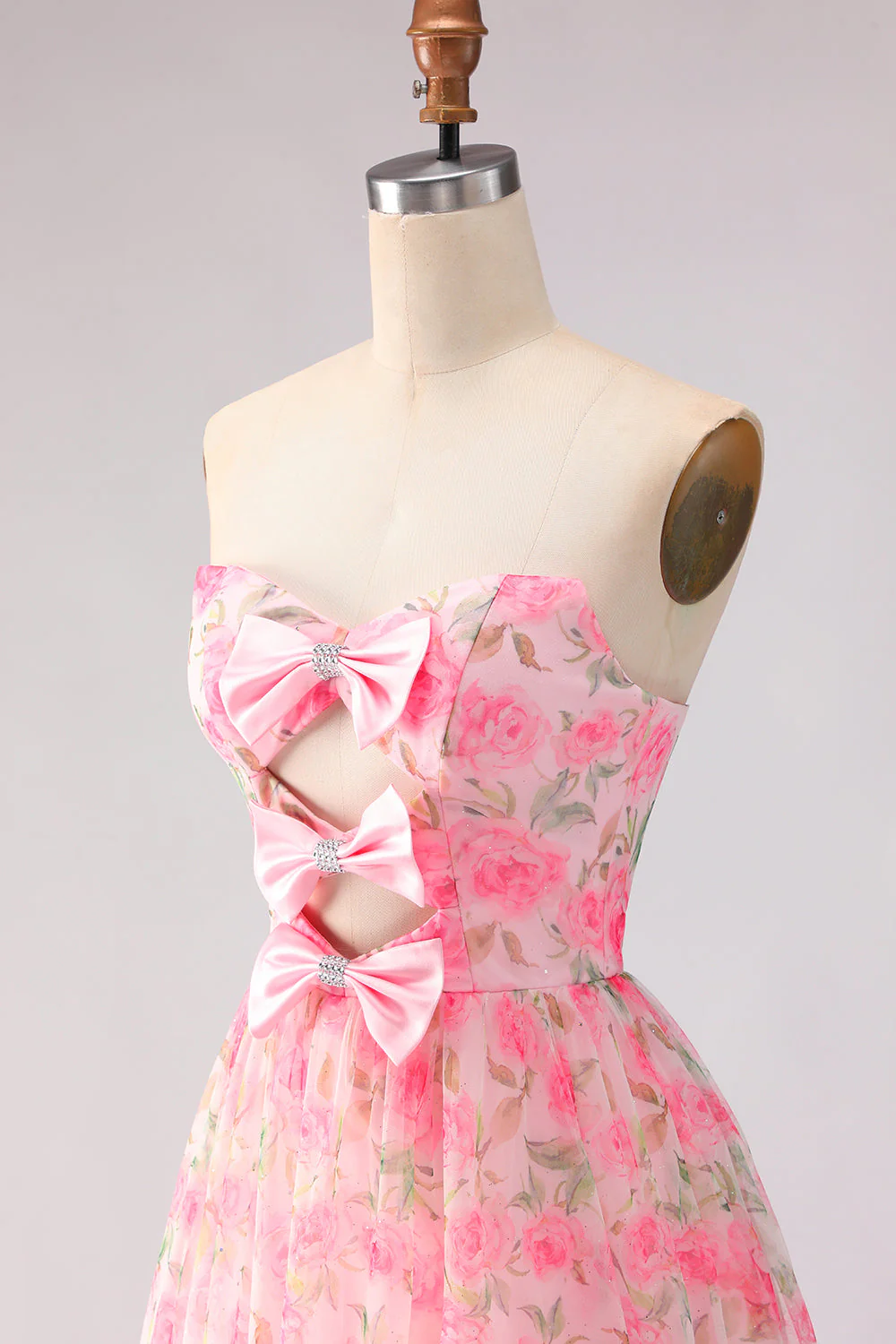 Robe de bal rose rose, sans bretelles florales, ligne en A, longue robe de promo avec fente - Image 6