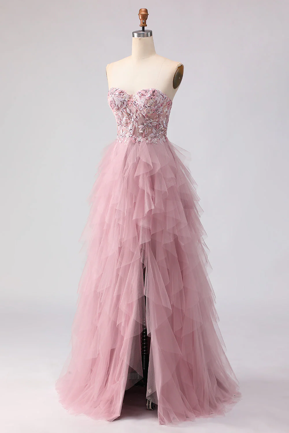 Robe de bal rose sans bretelles à perles à volants et longue robe de bal - Image 2
