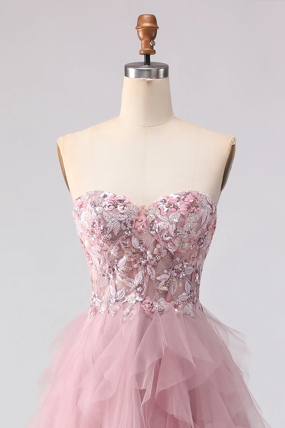 Robe de bal rose sans bretelles à perles à volants et longue robe de bal - Image 4