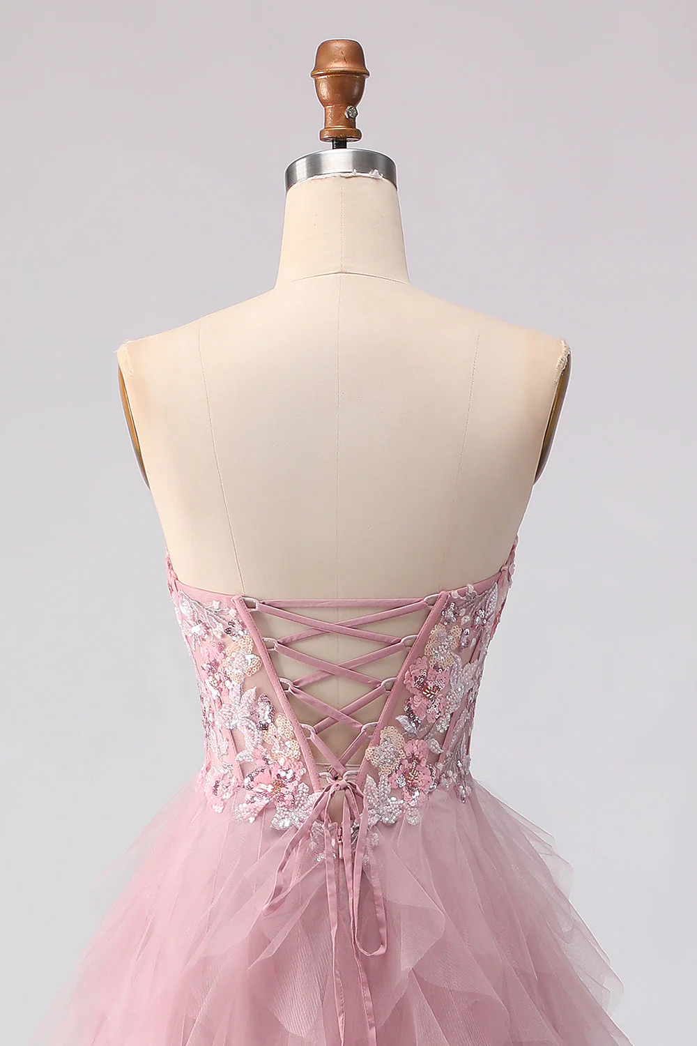 Robe de bal rose sans bretelles à perles à volants et longue robe de bal - Image 5