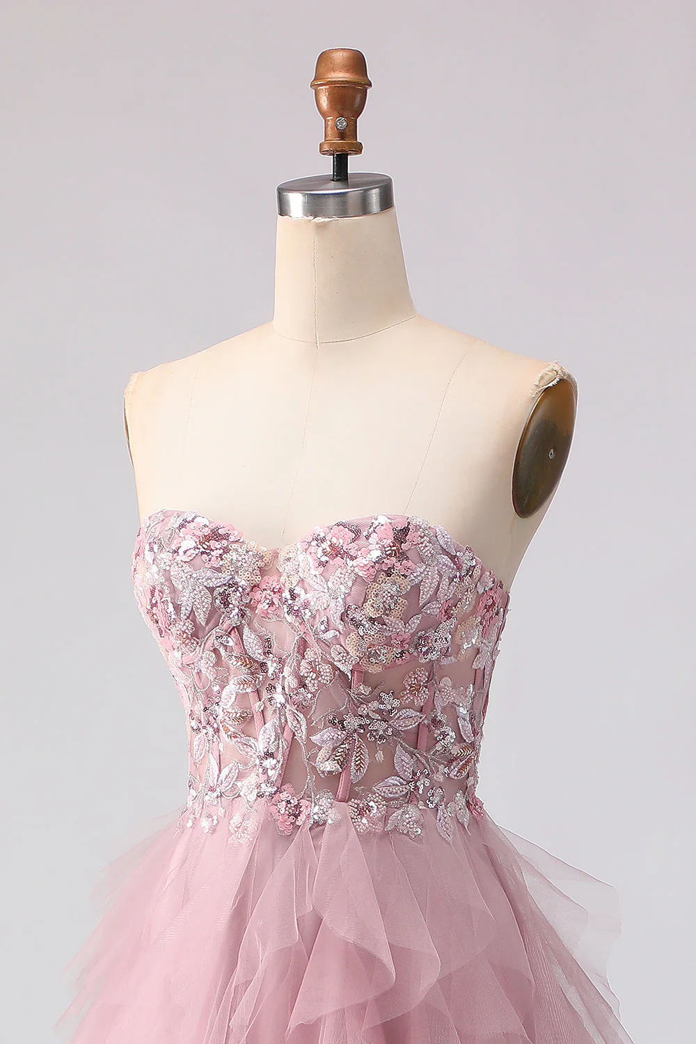 Robe de bal rose sans bretelles à perles à volants et longue robe de bal - Image 6