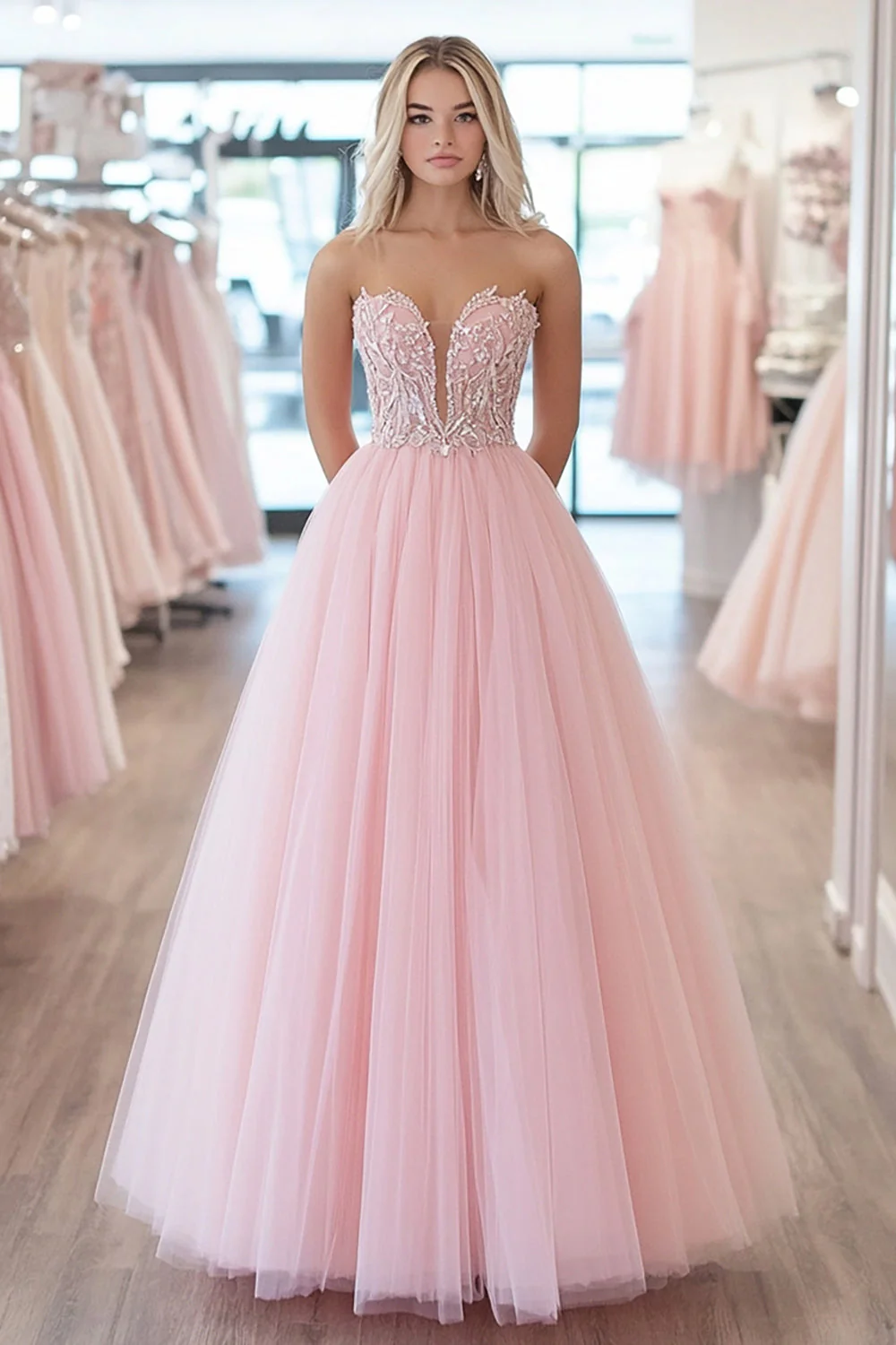 Robe de bal rose scintillante en tulle à décolleté cœur avec appliques