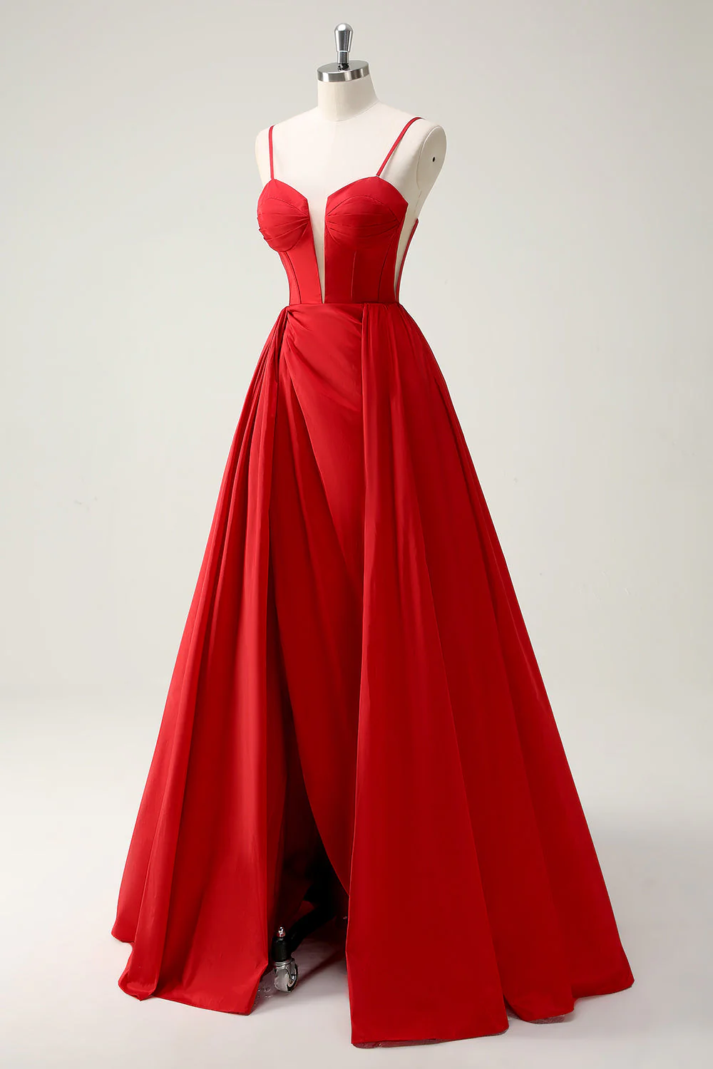Robe de bal longue rouge à bretelles spaghetti et dos lacé avec fente - Image 3