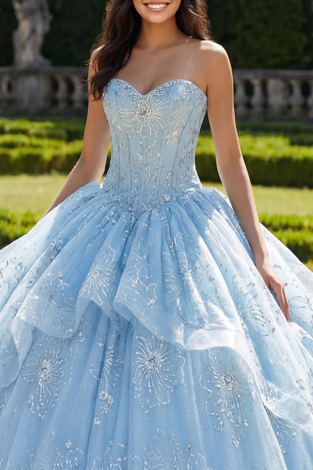 Robe de bal sans bretelles Corset à volants bleu ciel Quinceañera - Image 3