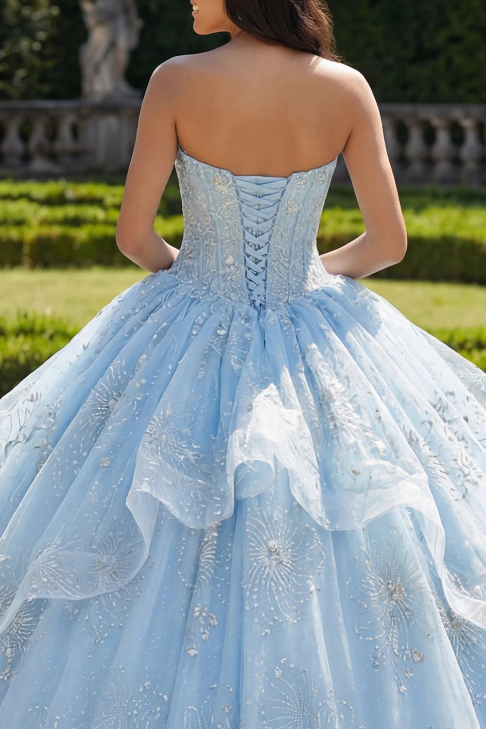 Robe de bal sans bretelles Corset à volants bleu ciel Quinceañera - Image 4