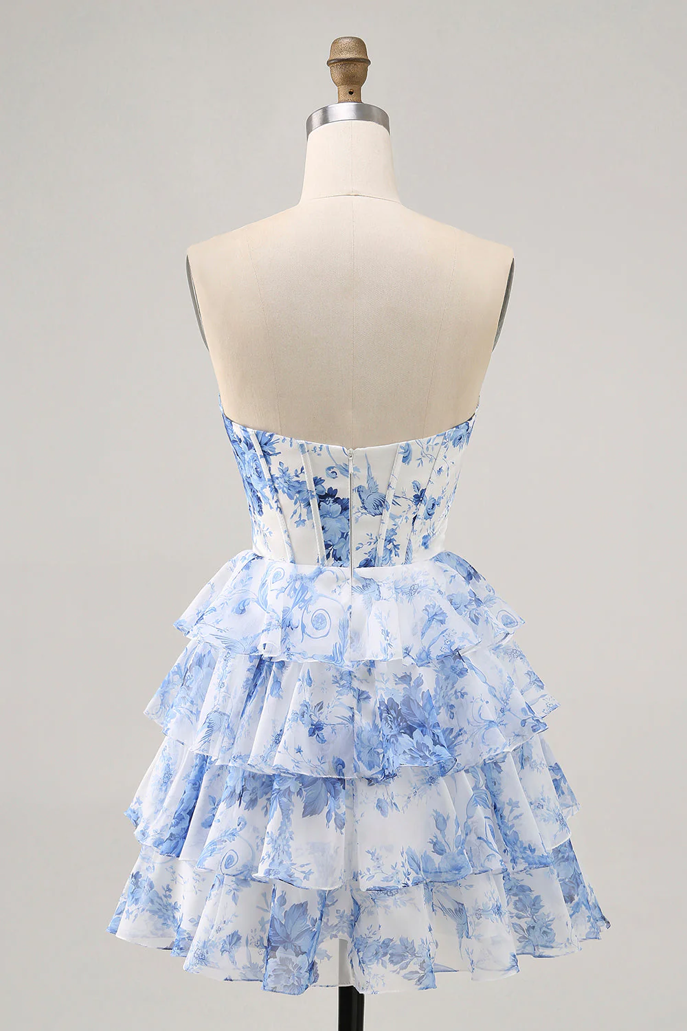 Robe de cocktail sans bretelles découpée corset fleur bleu blanc - Image 9